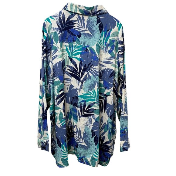 Denim & Co. Naturals Linen Blend Shirt Womens 2X Blue Tropical Print Top - Picture 4 of 9